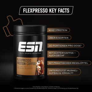 ESN Flexpresso Protein Coffee inkl. Gratis-Shaker – Kaffee, 2 x 908 g, cremiger Protein-Kaffee mit bis zu 22 g Eiweiß pro Portion, Made in Germany